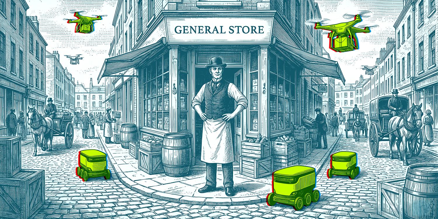 Vintage general store engraving with chartreuse rovers