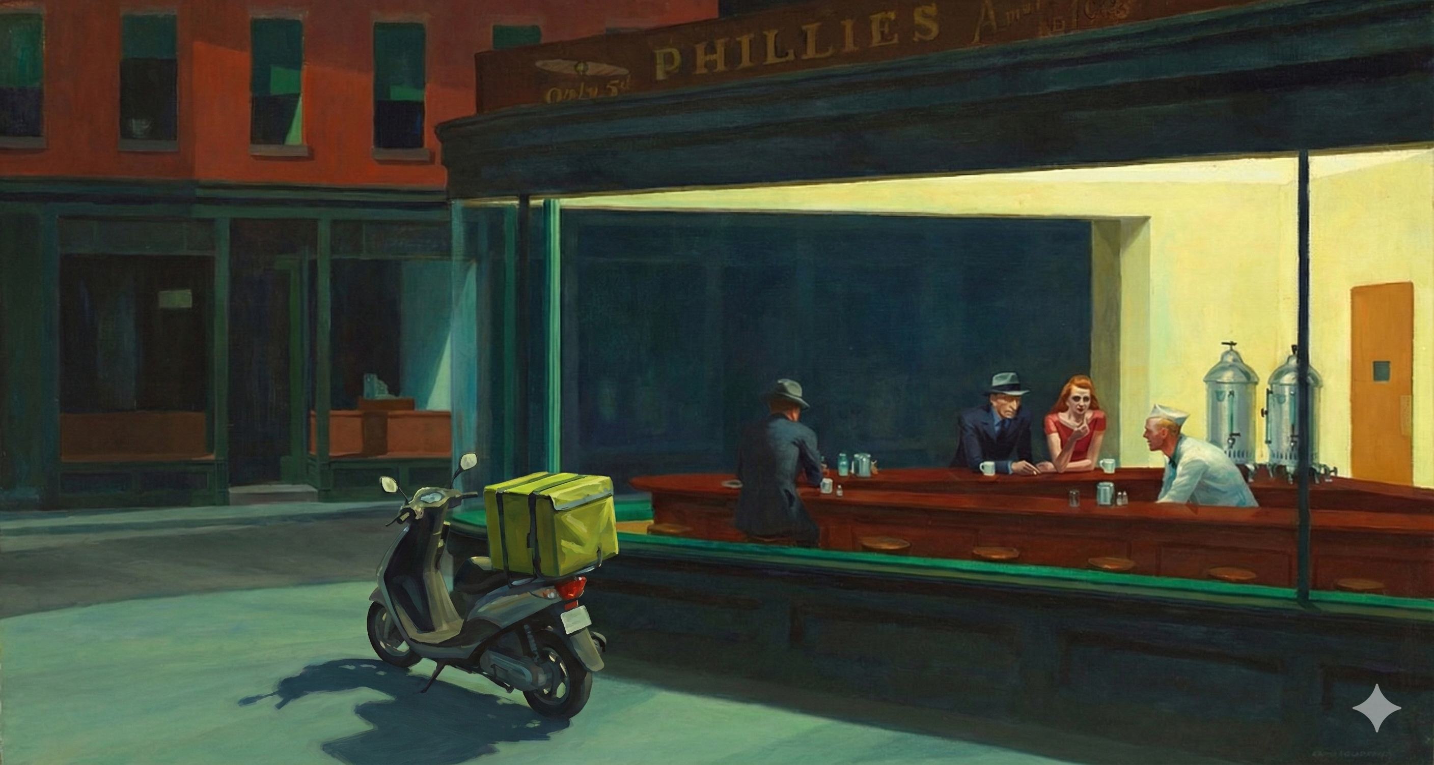Hopper Nighthawks with chartreuse delivery scooter