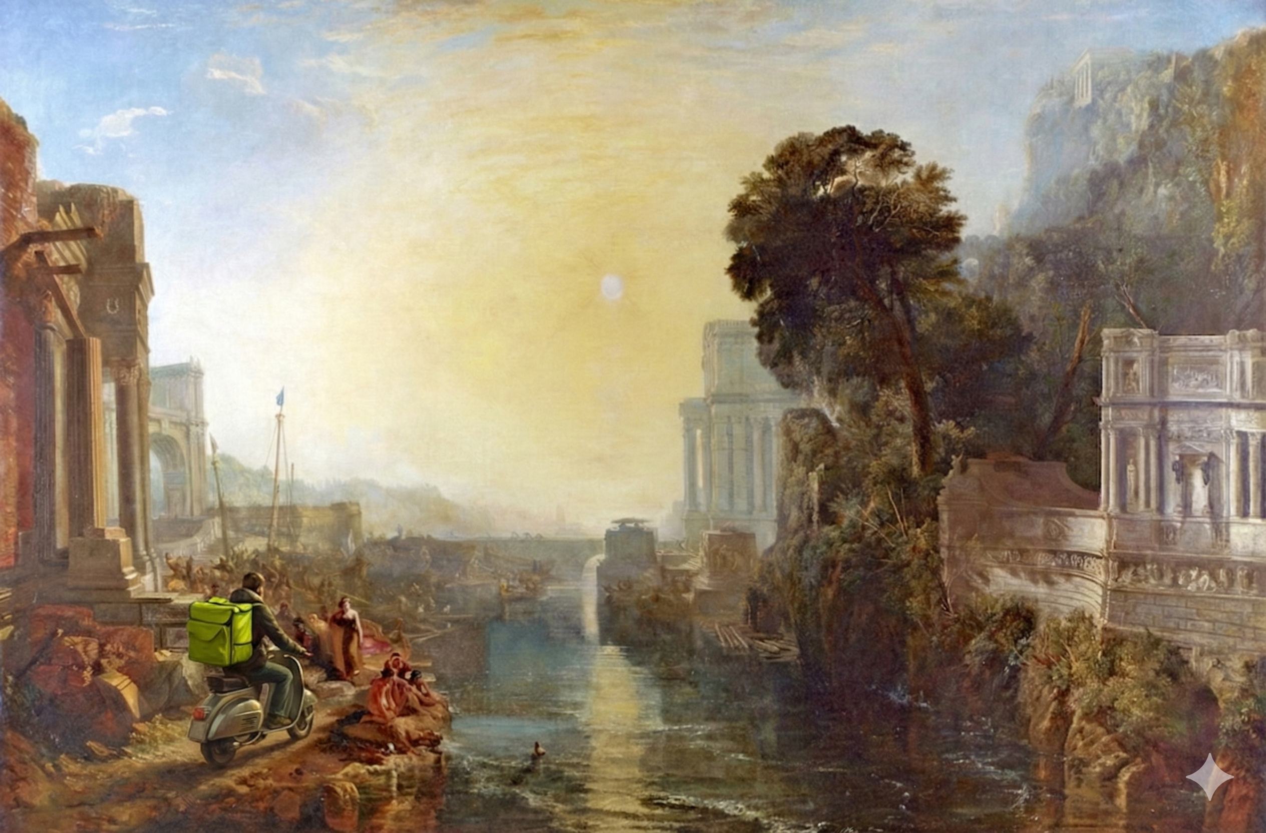 Turner ruins with chartreuse courier