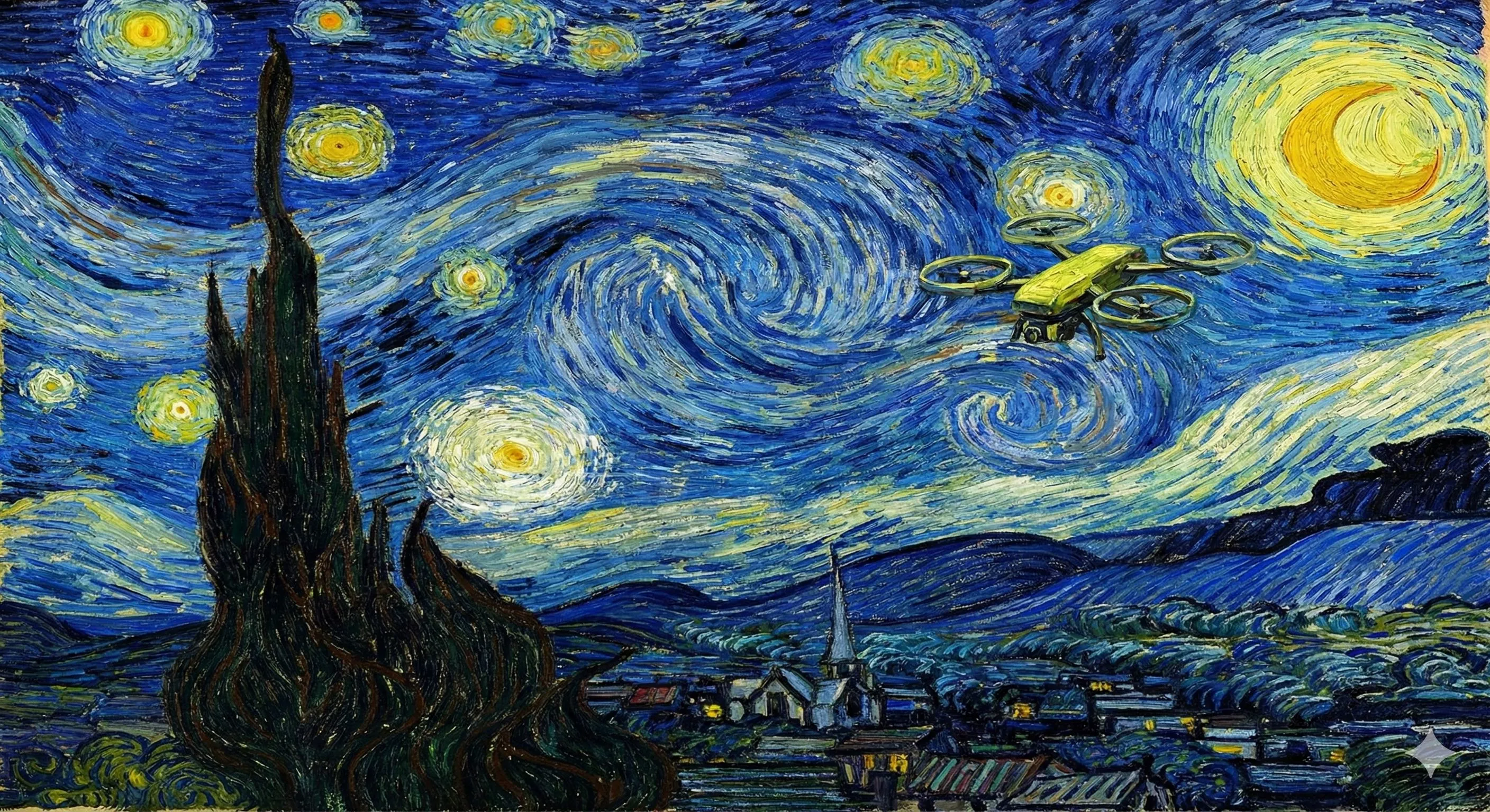 Van Gogh Starry Night with chartreuse drone