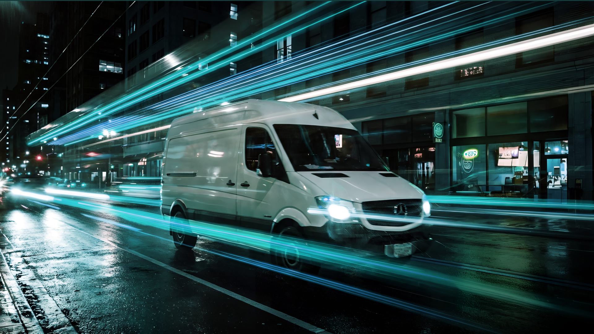 White delivery van with cyan light trails — long exposure