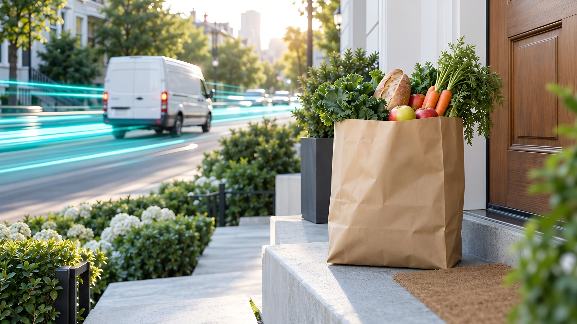 A bag of groceries on a front doorstep as a delivery van pulls away
