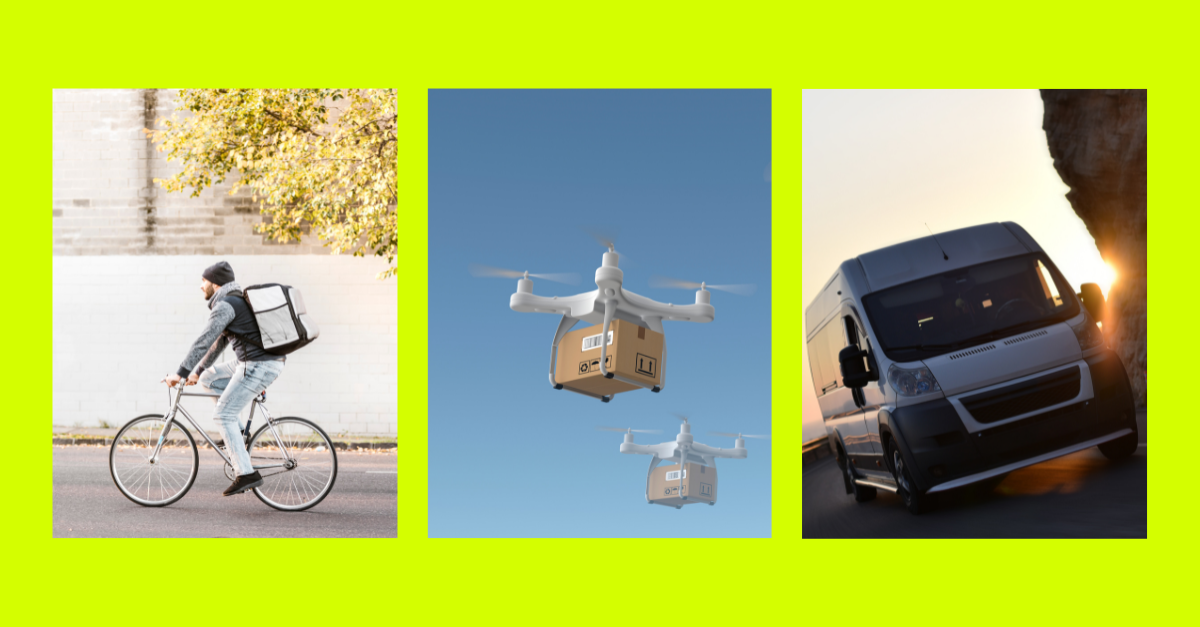 Hybrid delivery means mixing different vehicle types: like bikes, drones, or vans