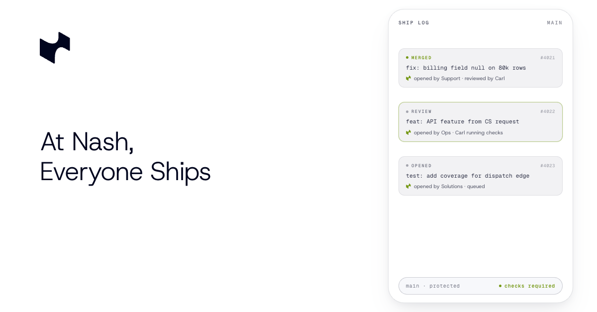 At Nash, Everyone Ships — editorial cover, navy aurora field with the chartreuse Nash mark